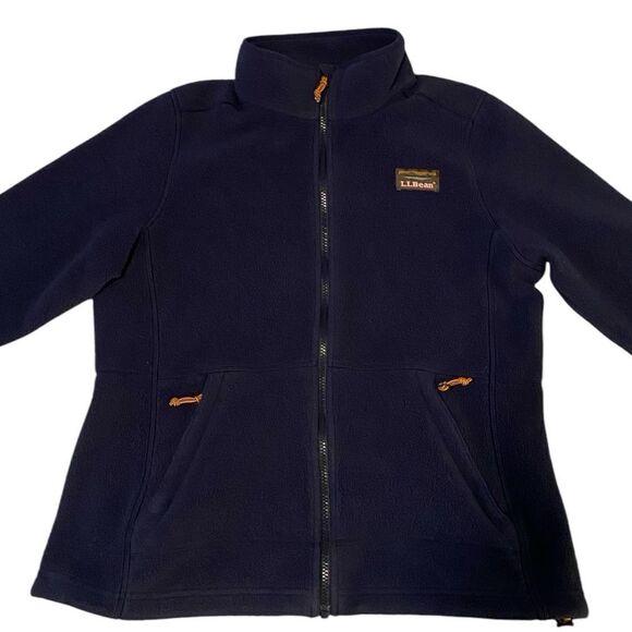 L.L.Bean Navy Blue Fleece Jacket with Leather Trim Full Zip Outdoor Casual Coat - Picture 2 of 8